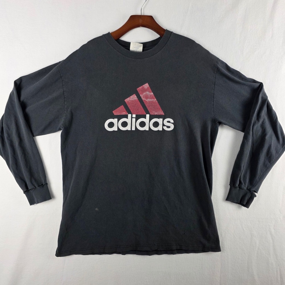 Adidas Men's Faded Black Distressed Long Sleeve Big Logo Graphic T-Shirt Size L
